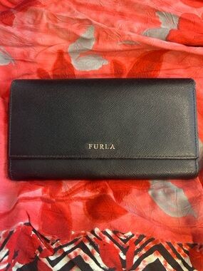 Furla Black Saffiano Leather Continental Wallet with Gold Logo